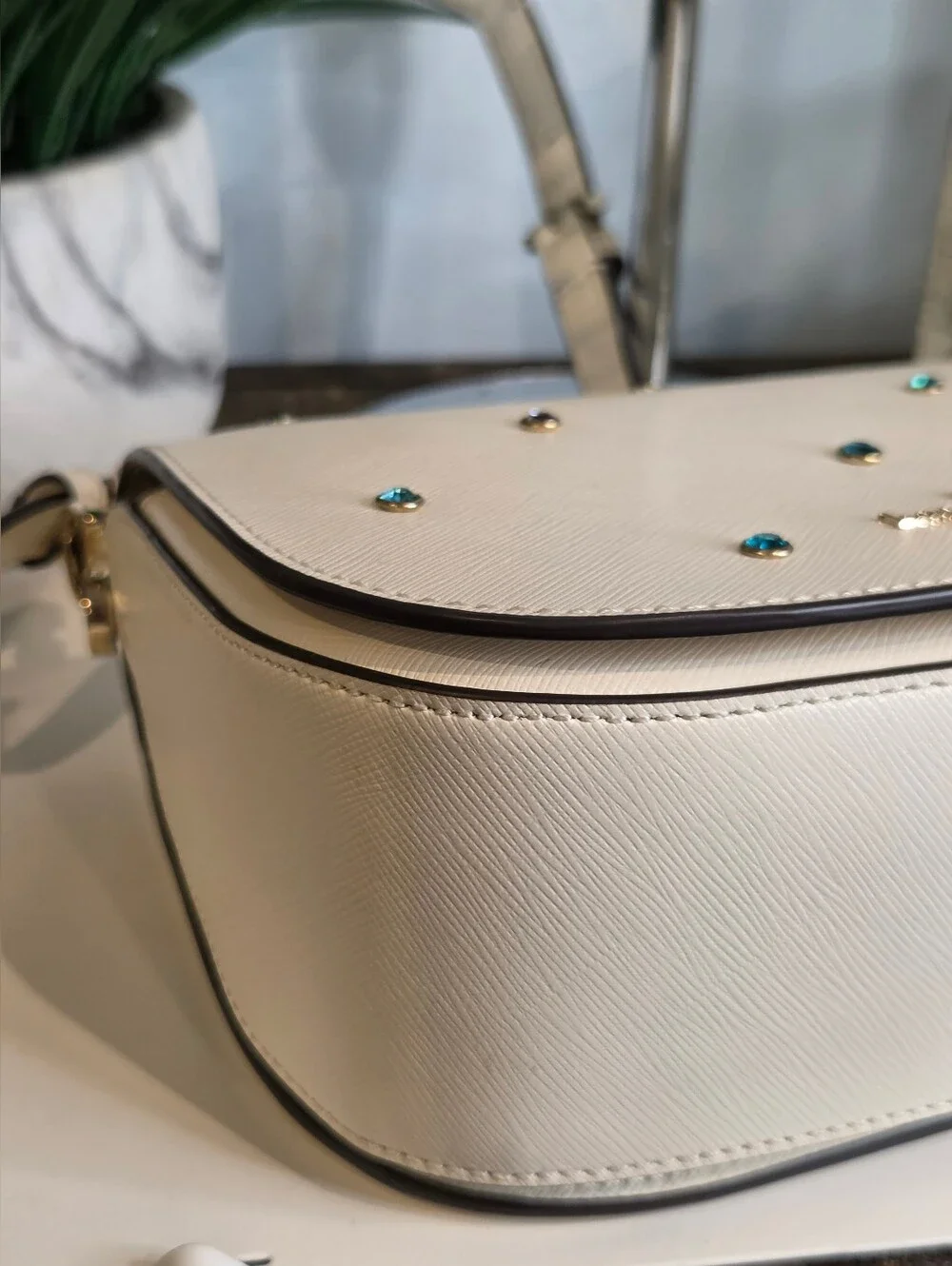 Kate Spade Madison Saffiano Leather Studded Saddle Bag Meringue